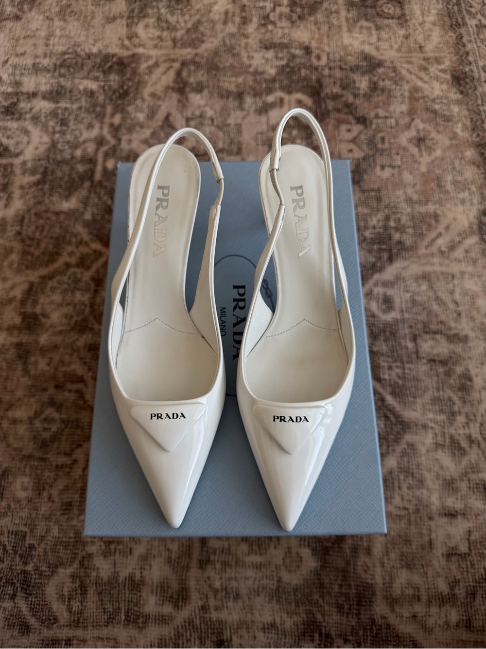 Prada White Patent Leather Pointed Slingback Pumps